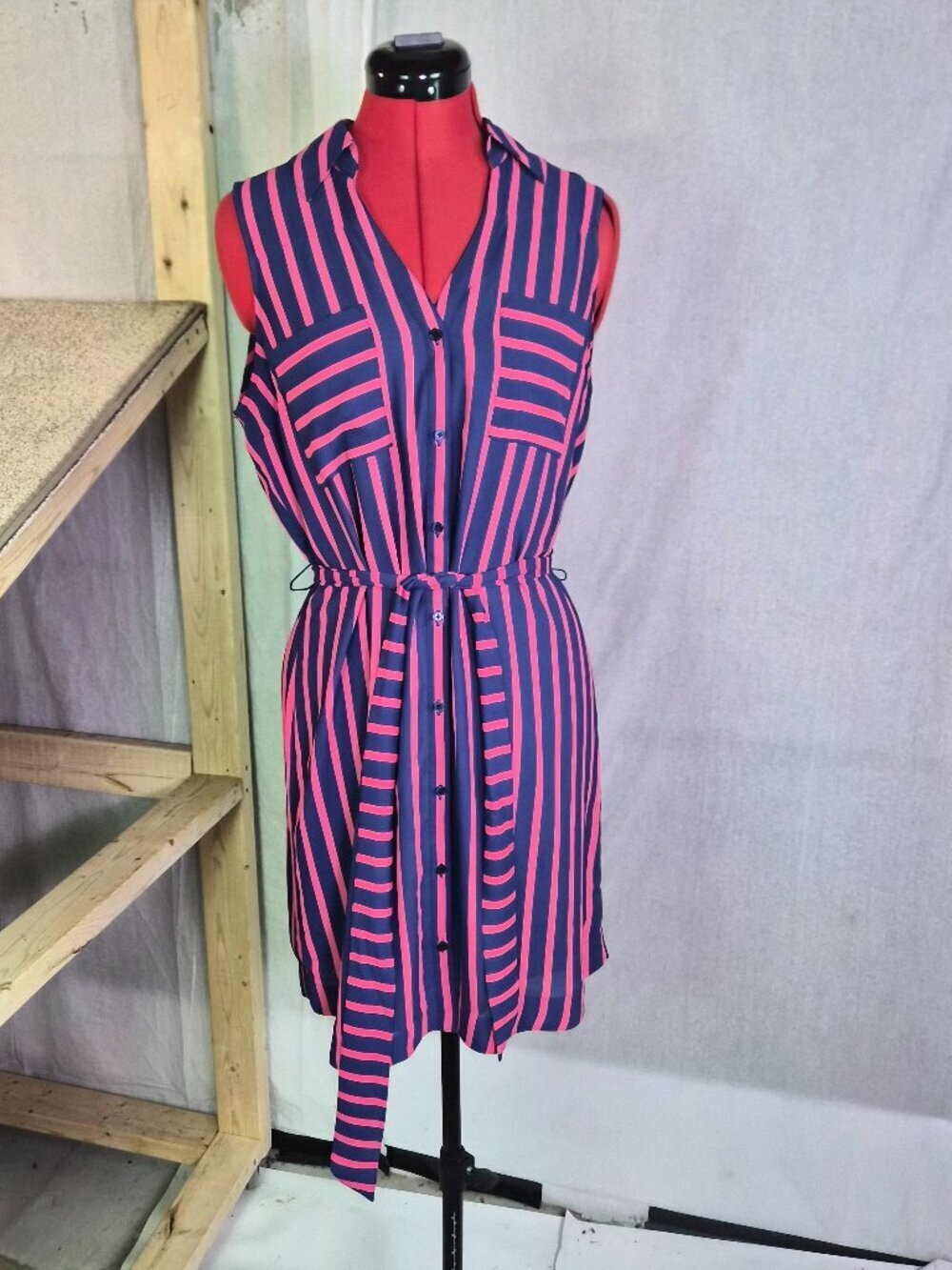 Express Womens Striped Button Front Shirt Dress Size M Pink Blue Midi Y2K G049
